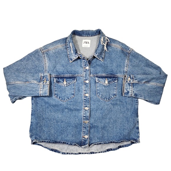 Zara Denim Shirt Jacket Womens M Western Distressed Boho Chic Edgy Streetwear‎ - Picture 1 of 7